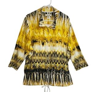 Onque Size 2X Black & Yellow Paisley Tie-Dye Print Snap Cardigan